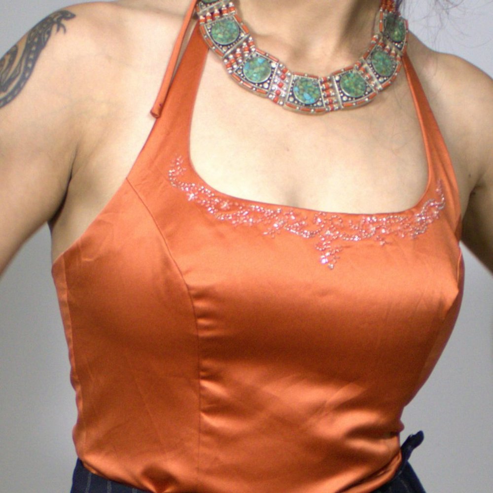 Beaded Satin Orange Halter Crop top